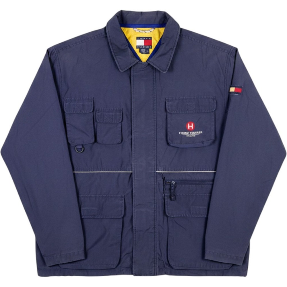 Vintage Y2K Tommy Hilfiger Sailing Jacket Mens XL Multi-Pocket Utility Navy Blue